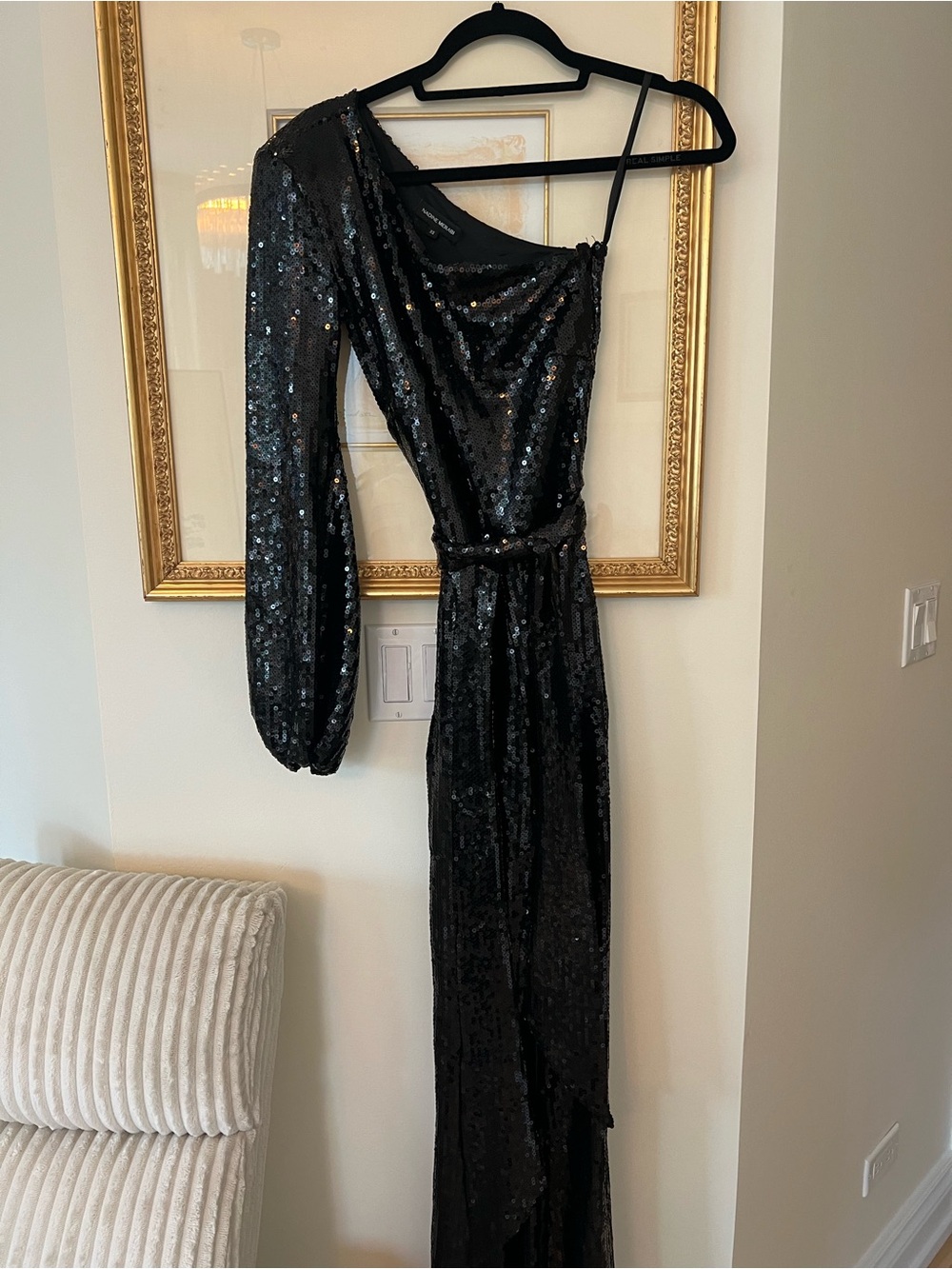 NADINE MERABI Black One-Shoulder Sequin Jumpsuit with Draped Tie - Picture 7 of 9